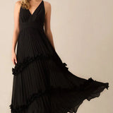 Ro&Zo Sienna Black Pleated Frill Maxi Dress