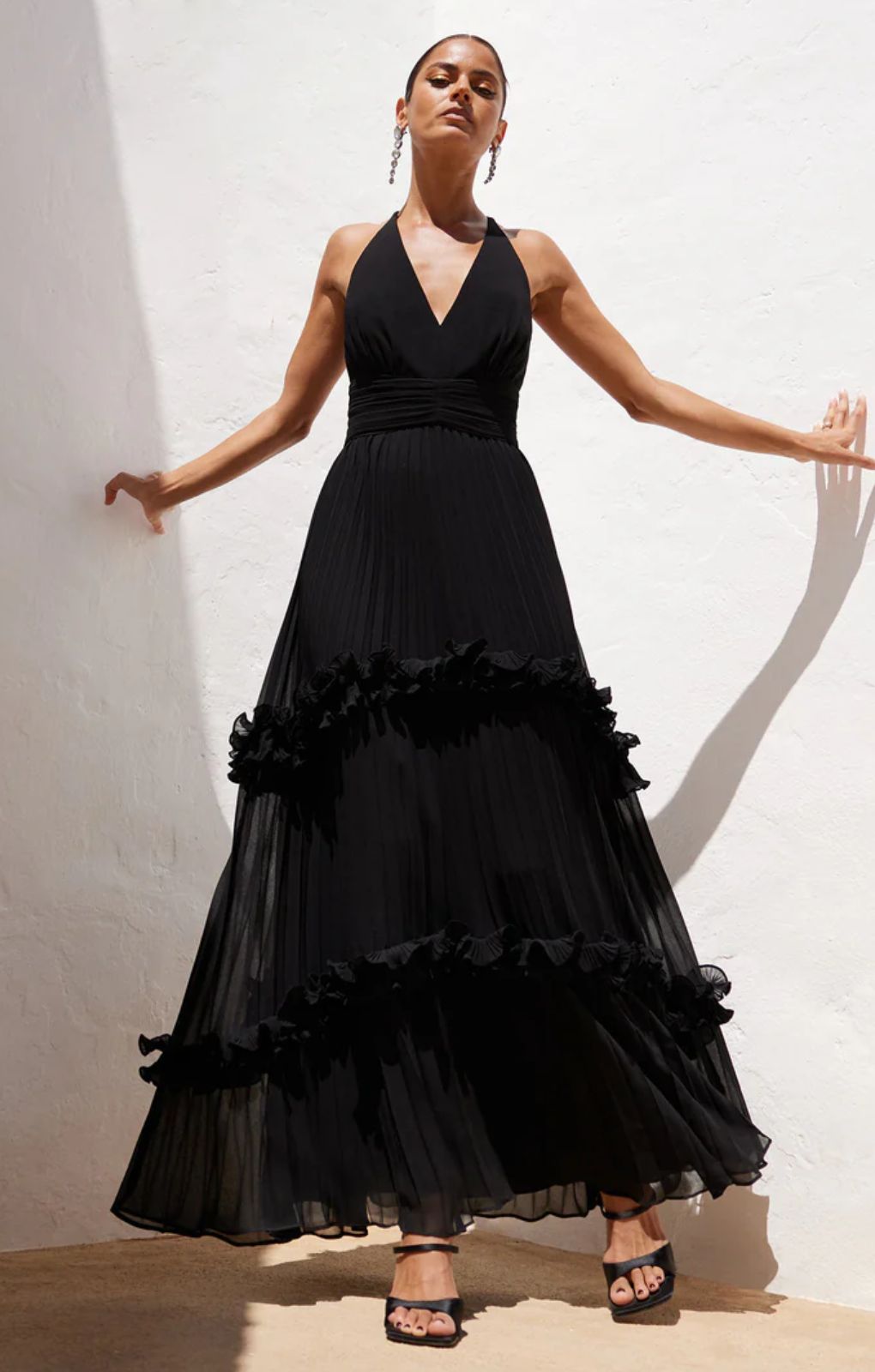 Ro&Zo Sienna Black Pleated Frill Maxi Dress