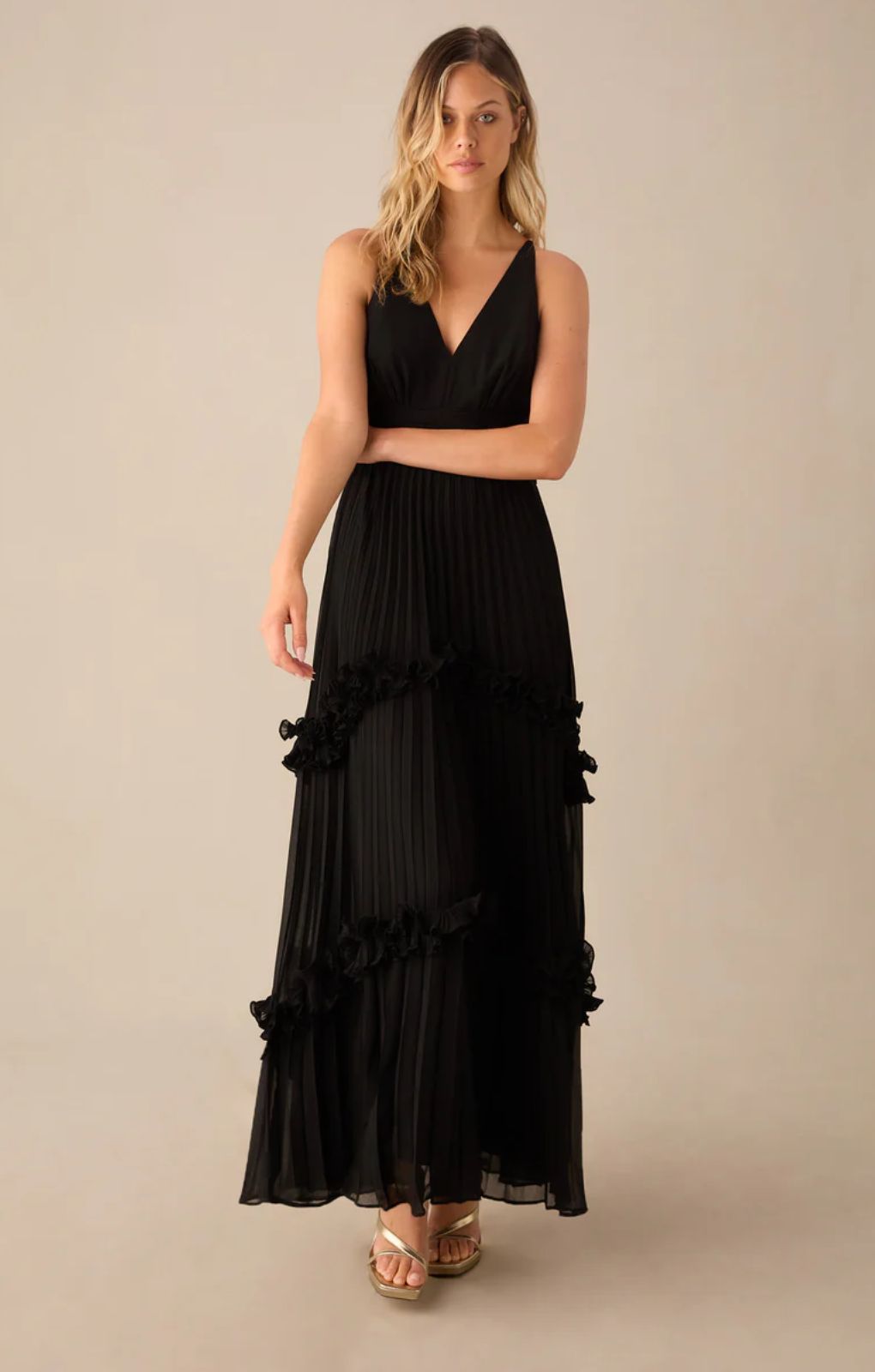 Ro&Zo Sienna Black Pleated Frill Maxi Dress