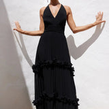 Ro&Zo Sienna Black Pleated Frill Maxi Dress