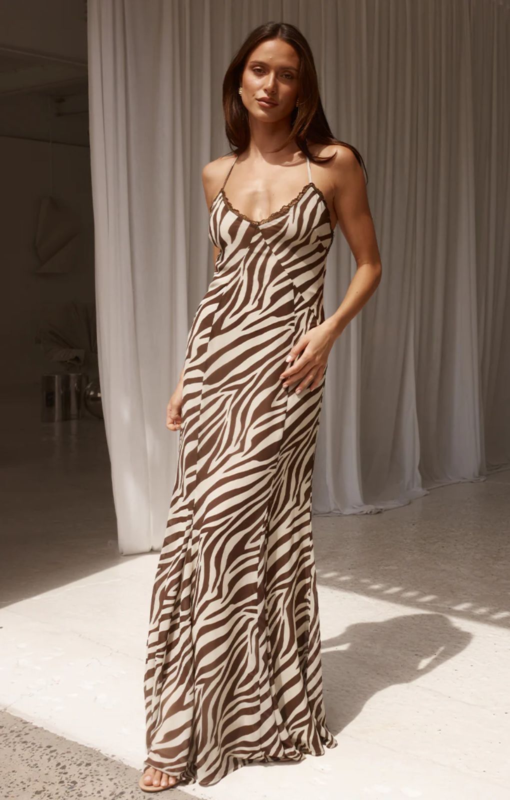 Runaway The Label Aminah Zebra Chocolate Maxi Dress