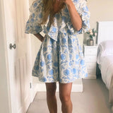 Asos Edition Ruffle Detail Mini Smock Dress In Blue Floral Jacquard