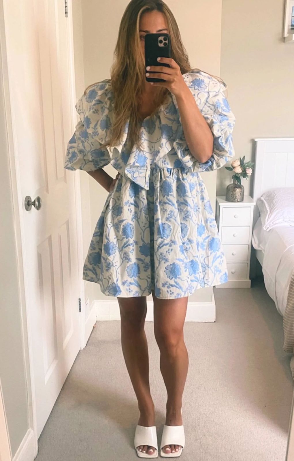 Asos Edition Ruffle Detail Mini Smock Dress In Blue Floral Jacquard