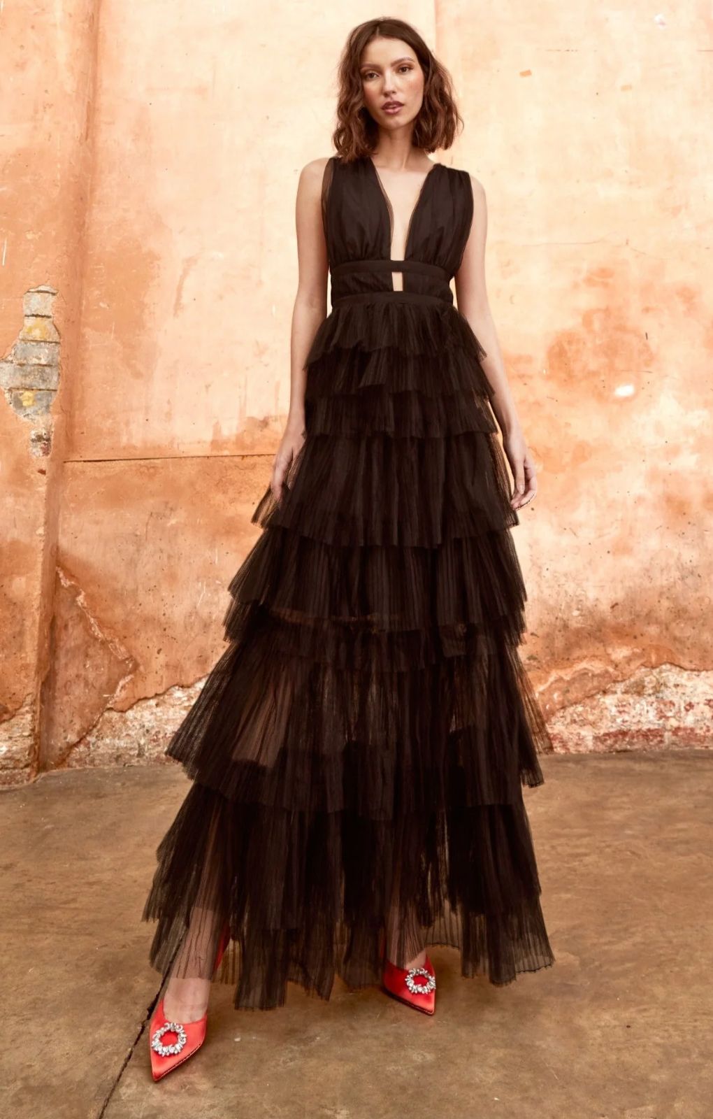 True Decadence Eliza Black Plunge Tiered Tulle Maxi Dress