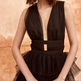 True Decadence Eliza Black Plunge Tiered Tulle Maxi Dress
