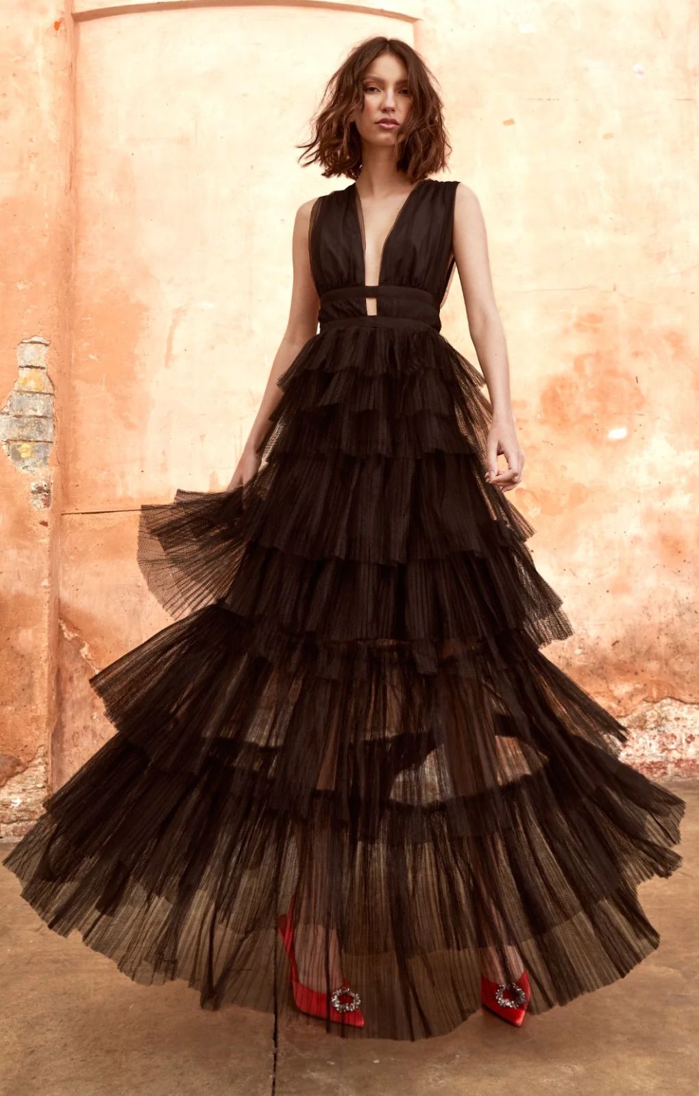 True Decadence Eliza Black Plunge Tiered Tulle Maxi Dress