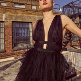 True Decadence Eliza Black Plunge Tiered Tulle Maxi Dress