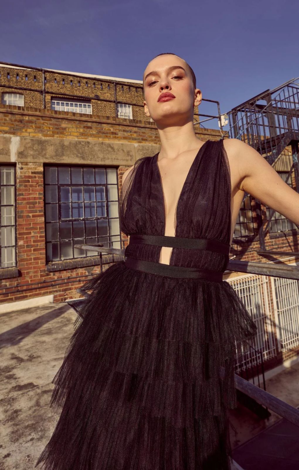 True Decadence Eliza Black Plunge Tiered Tulle Maxi Dress