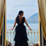 True Decadence Eliza Black Plunge Tiered Tulle Maxi Dress