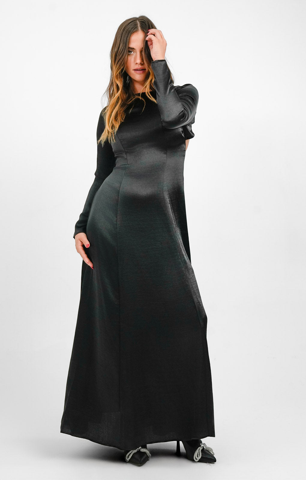 Topshop Twist Back Long Sleeve Satin Occasion Maxi Dress In Black