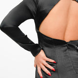 Topshop Twist Back Long Sleeve Satin Occasion Maxi Dress In Black