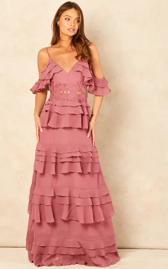 True Decadence Olivia Drape Shoulder Tiered Maxi Dress