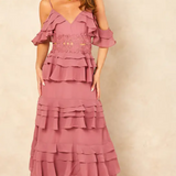 True Decadence Olivia Drape Shoulder Tiered Maxi Dress