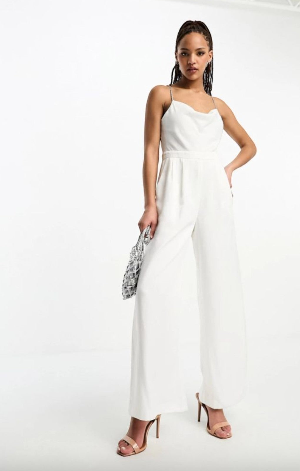 Forever New Cowl Neck Satin Jumpsuit In White – jumpsuits & playsuits by Forever New, available to rent from Hirestreet