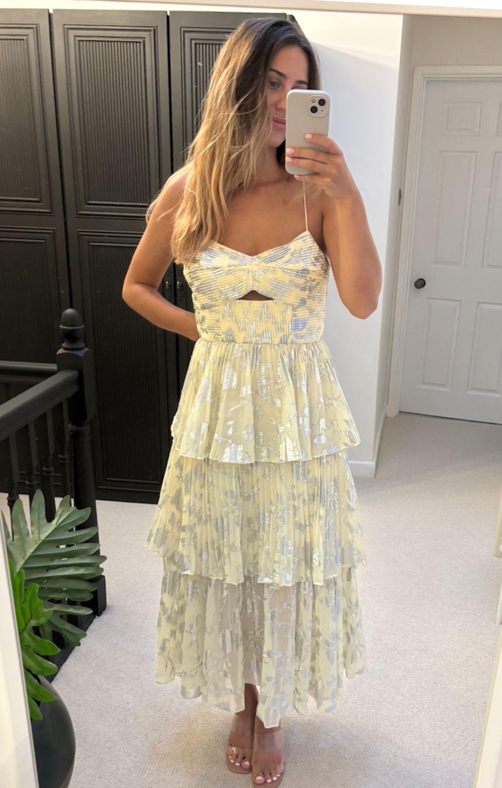 Self-Portrait Metallic Jacquard Tiered Midi Dress in Yellow