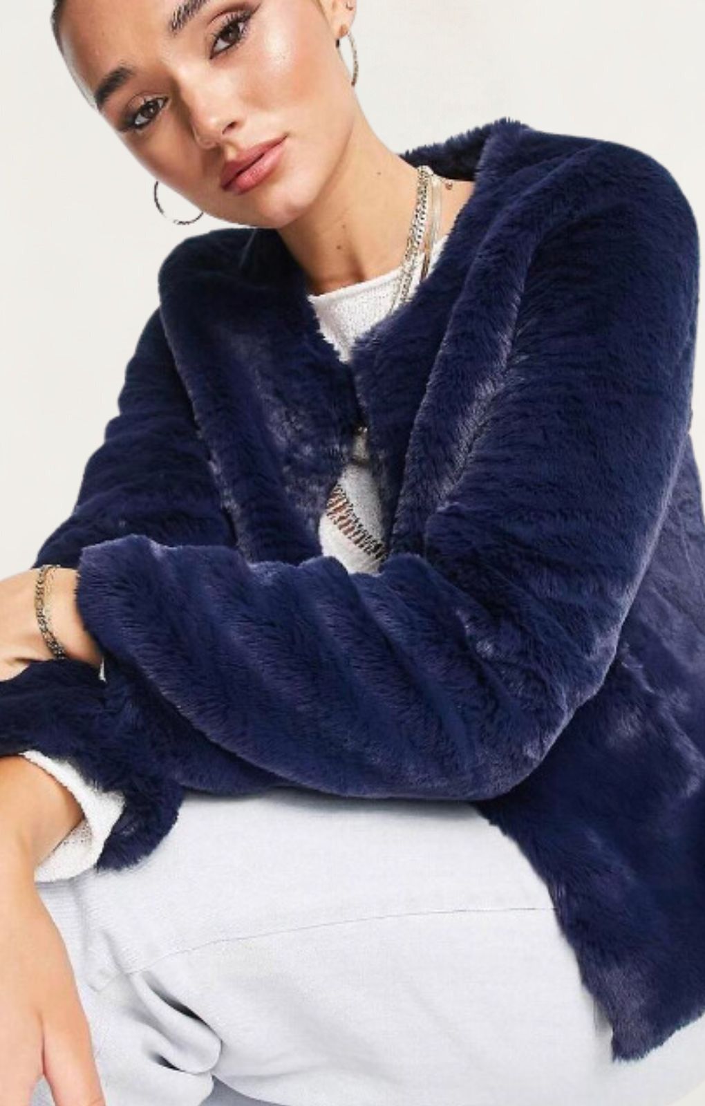 Unreal Fur Collarless Faux Fur Cropped Jacket In Navy