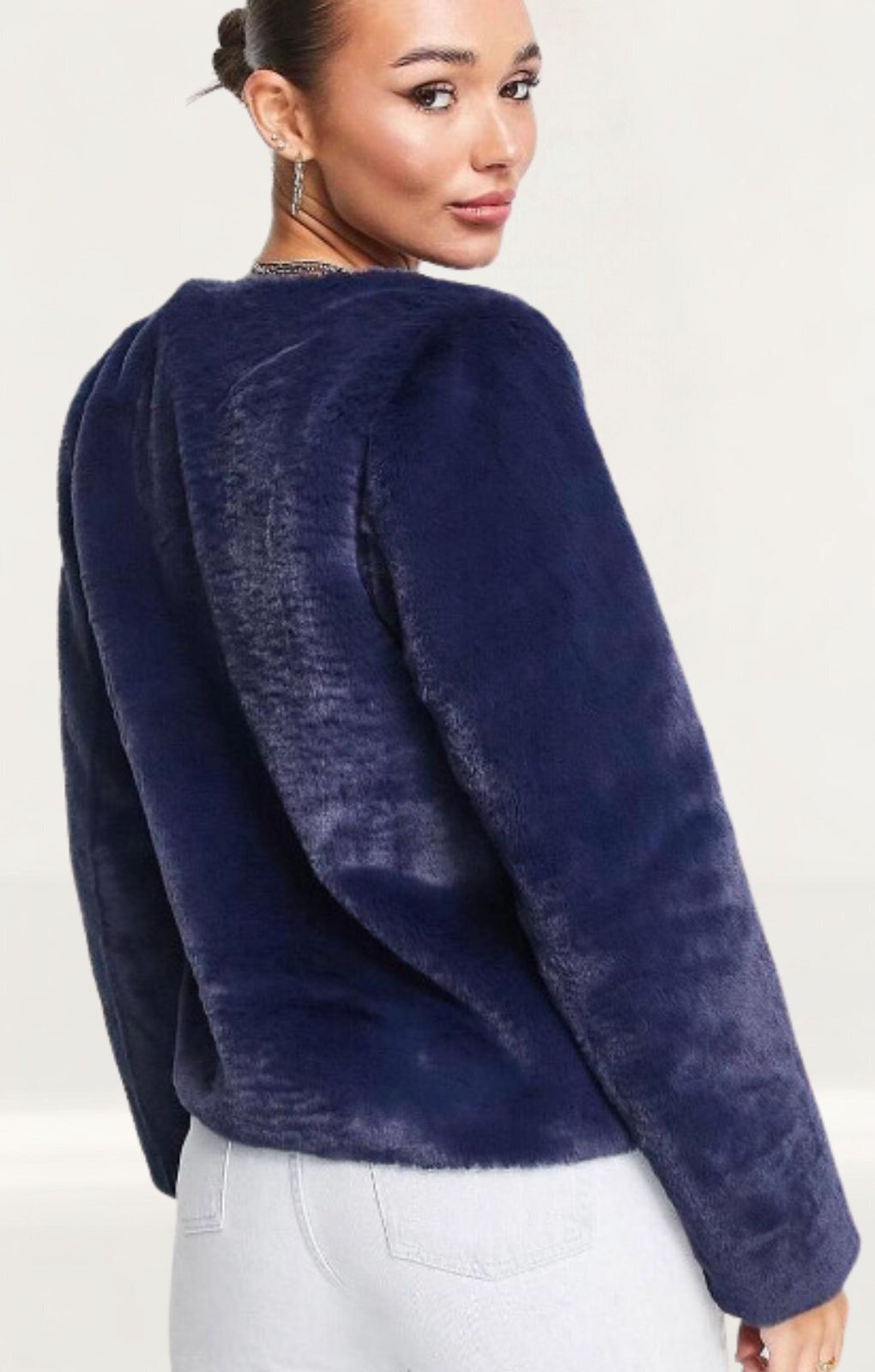 Unreal Fur Collarless Faux Fur Cropped Jacket In Navy
