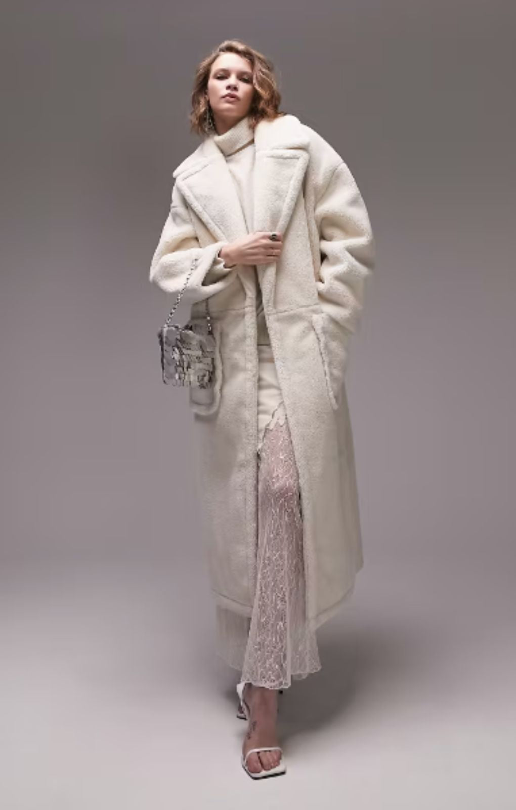 Topshop Borg Overcoat In Cream