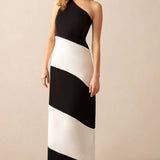 Ro&Zo Sofia Mono Stripe One Shoulder Maxi Dress