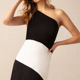 Ro&Zo Sofia Mono Stripe One Shoulder Maxi Dress