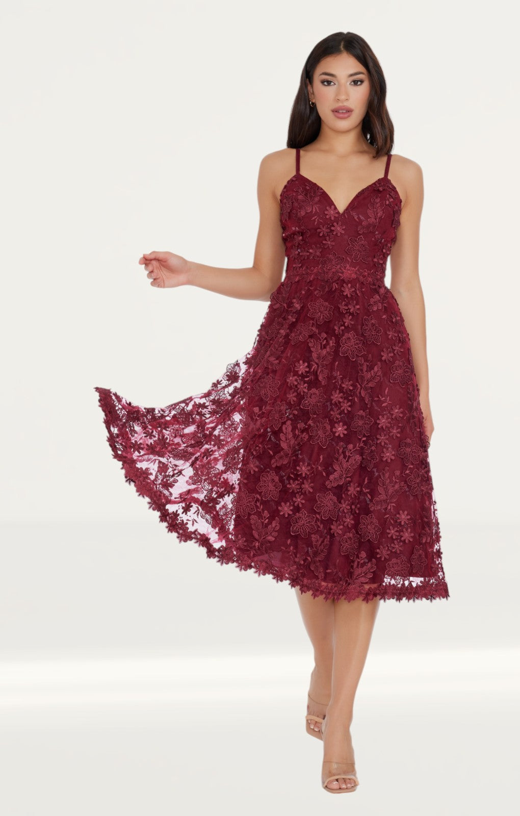 Dress The Population Tahani Midi Dress in Burgundy