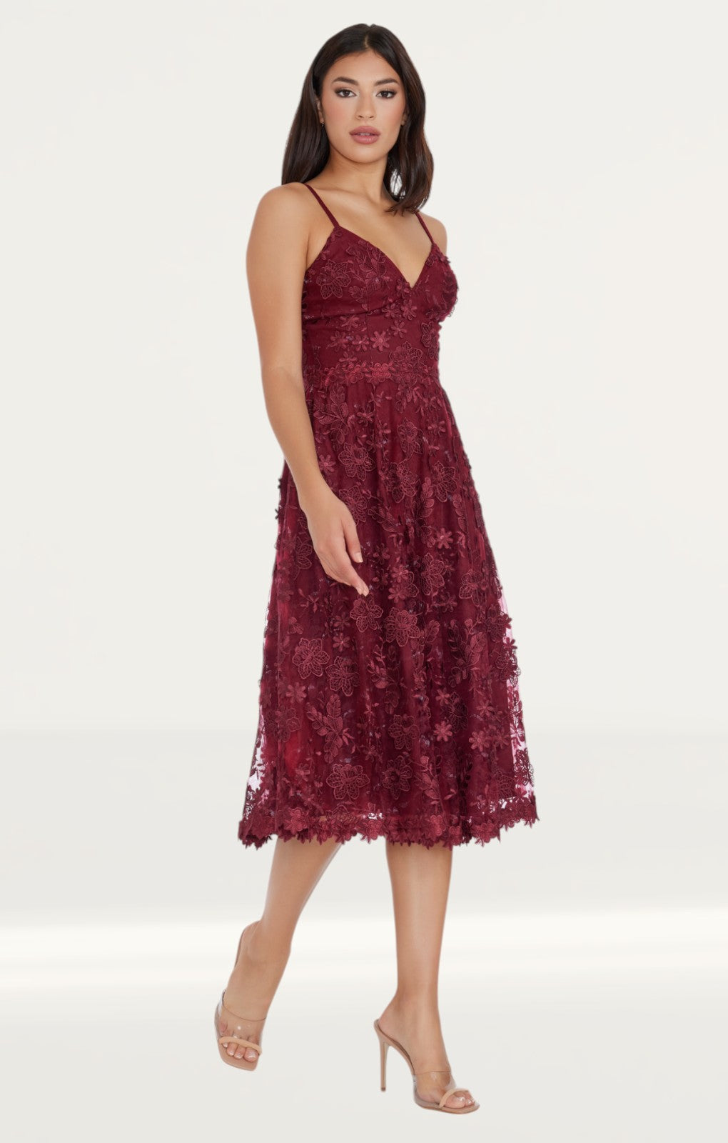 Dress The Population Tahani Midi Dress in Burgundy