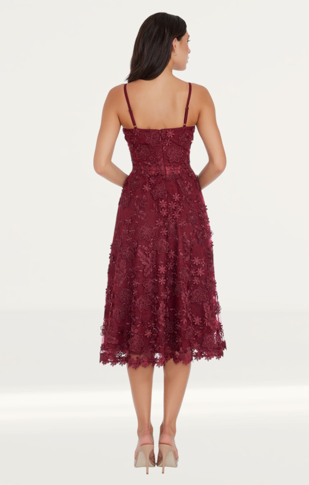 Dress The Population Tahani Midi Dress in Burgundy