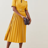 Karen Millen Structured Crepe Forever Pleat Belted Yellow Midi Dress – dresses by Karen Millen, available to rent from Hirestreet