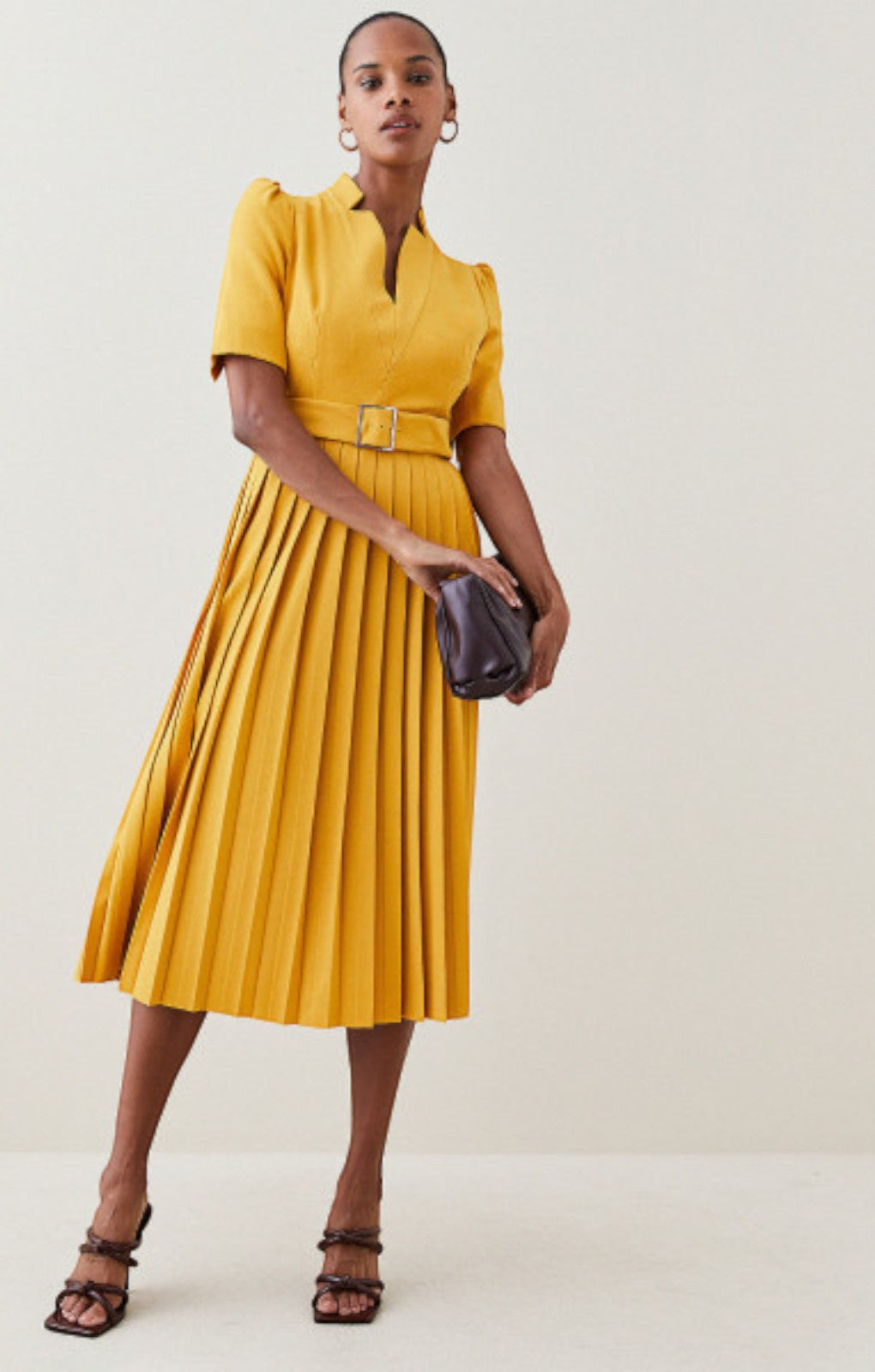 Karen Millen Structured Crepe Forever Pleat Belted Yellow Midi Dress – dresses by Karen Millen, available to rent from Hirestreet