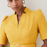 Karen Millen Structured Crepe Forever Pleat Belted Yellow Midi Dress – dresses by Karen Millen, available to rent from Hirestreet
