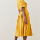 Karen Millen Structured Crepe Forever Pleat Belted Yellow Midi Dress – dresses by Karen Millen, available to rent from Hirestreet