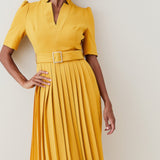 Karen Millen Structured Crepe Forever Pleat Belted Yellow Midi Dress – dresses by Karen Millen, available to rent from Hirestreet