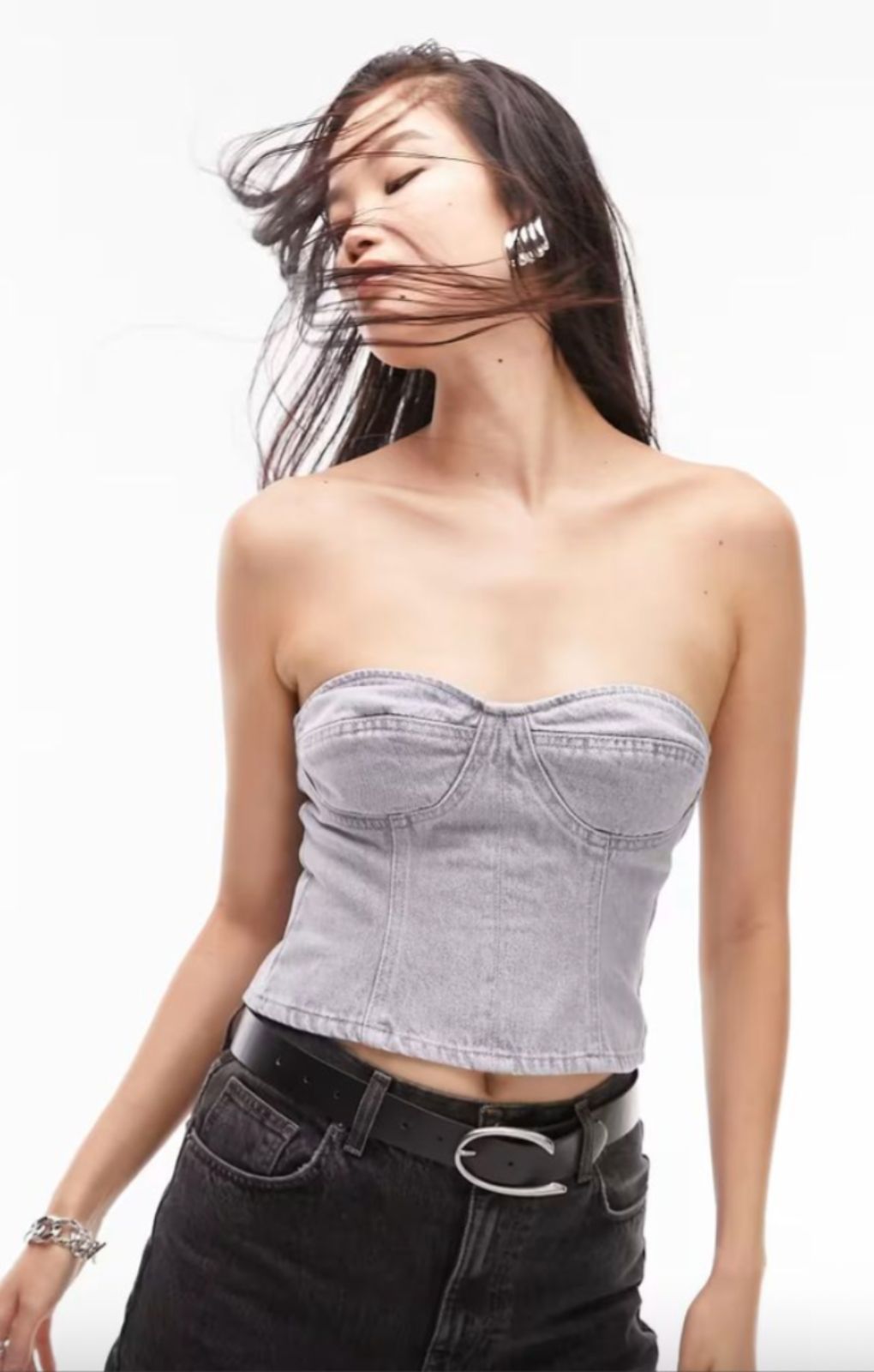 Topshop Denim Corset In Grey – tops by Topshop, available to rent from Hirestreet