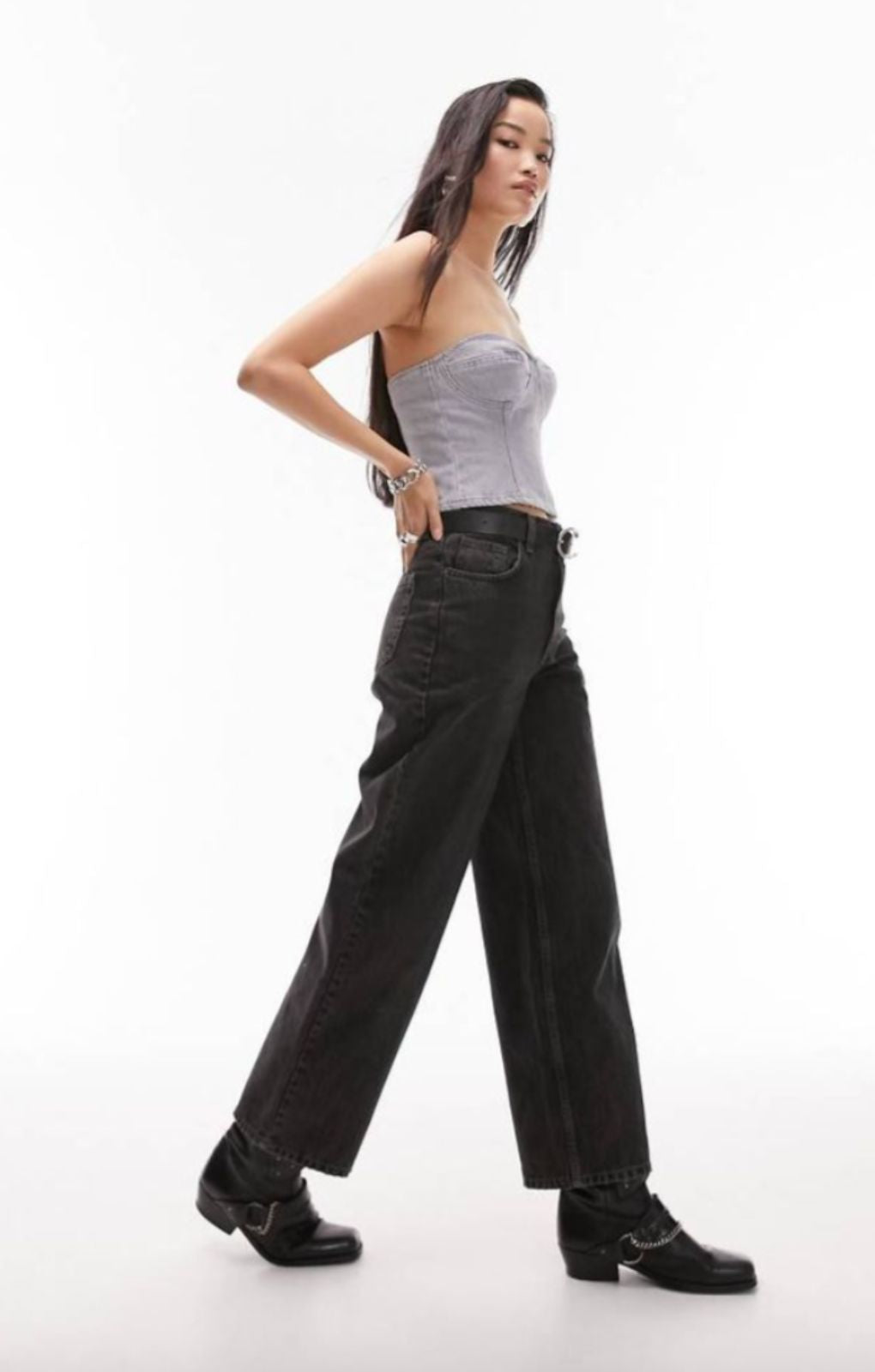 Topshop Denim Corset In Grey – tops by Topshop, available to rent from Hirestreet