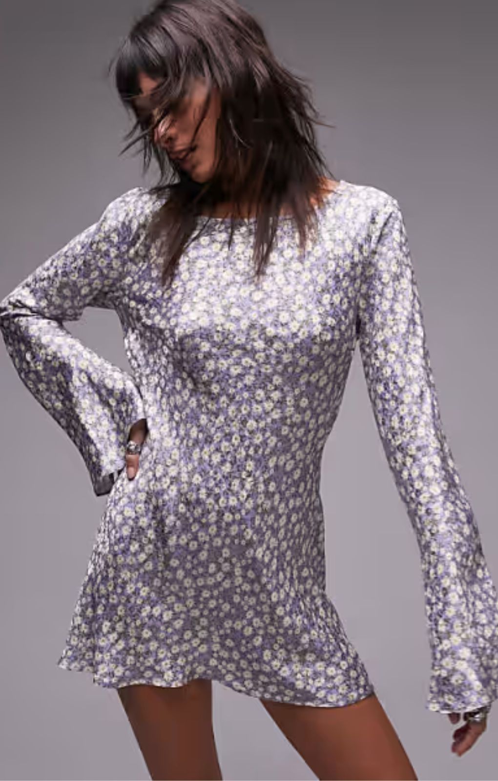 Topshop Jacquard Fluted Sleeve Mini Dress In Lilac Floral – dresses by Topshop, available to rent from Hirestreet