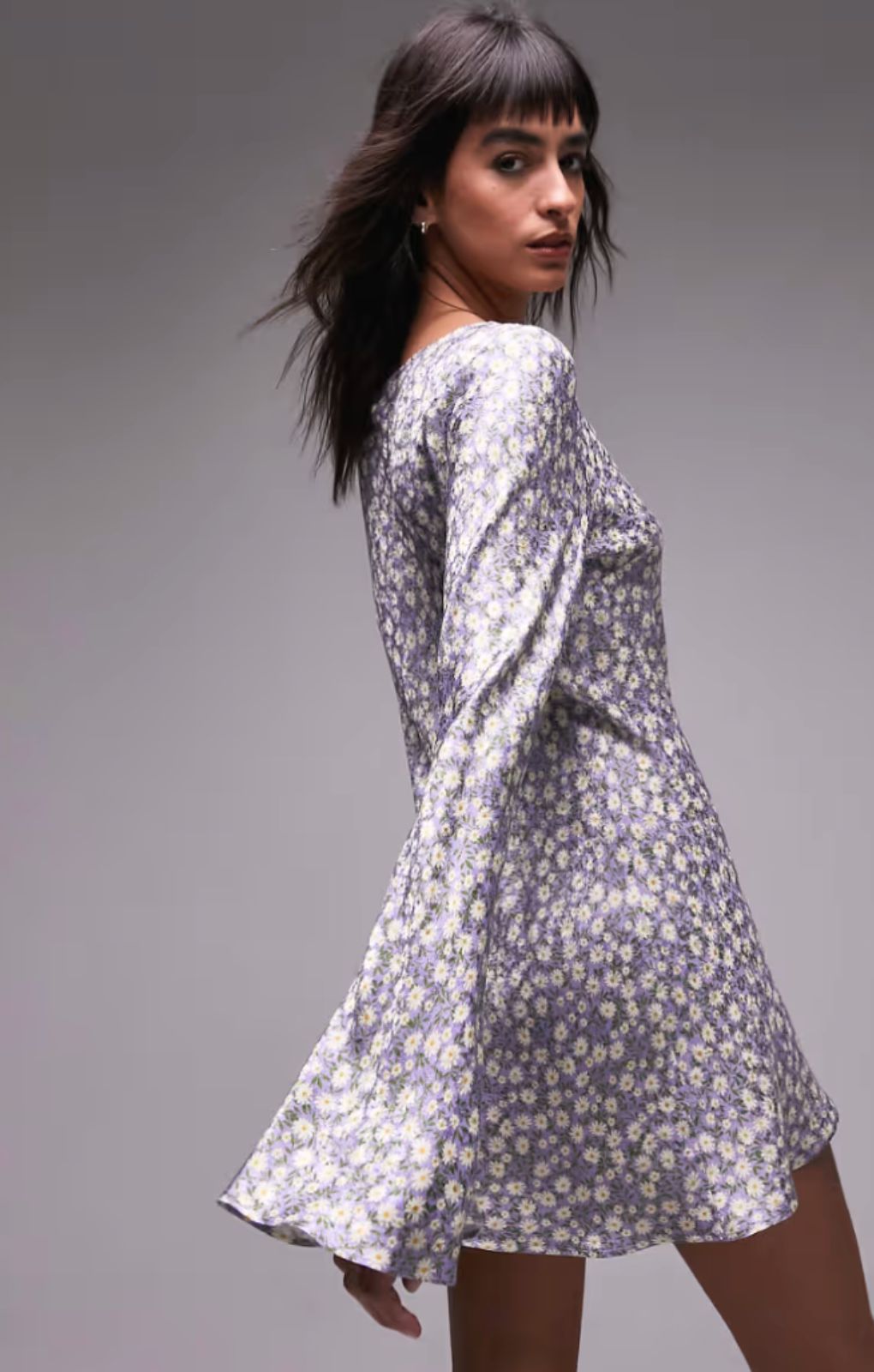 Topshop Jacquard Fluted Sleeve Mini Dress In Lilac Floral – dresses by Topshop, available to rent from Hirestreet