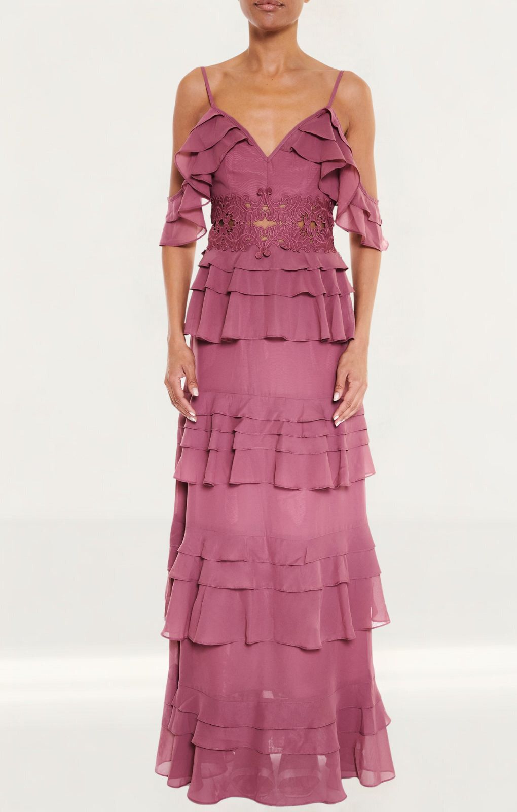 True Decadence Olivia Drape Shoulder Tiered Maxi Dress