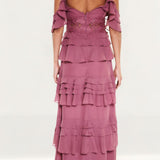 True Decadence Olivia Drape Shoulder Tiered Maxi Dress