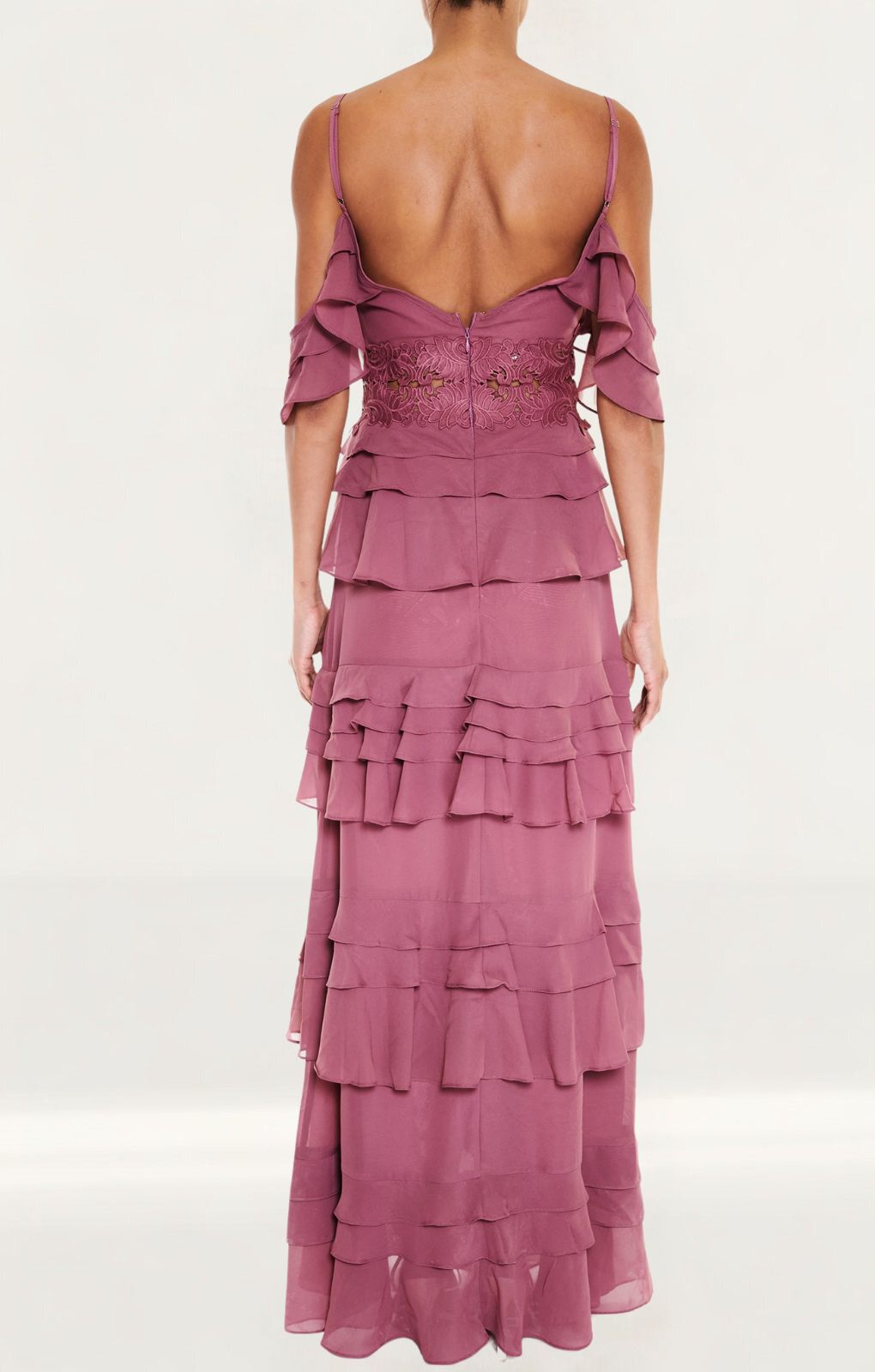 True Decadence Olivia Drape Shoulder Tiered Maxi Dress