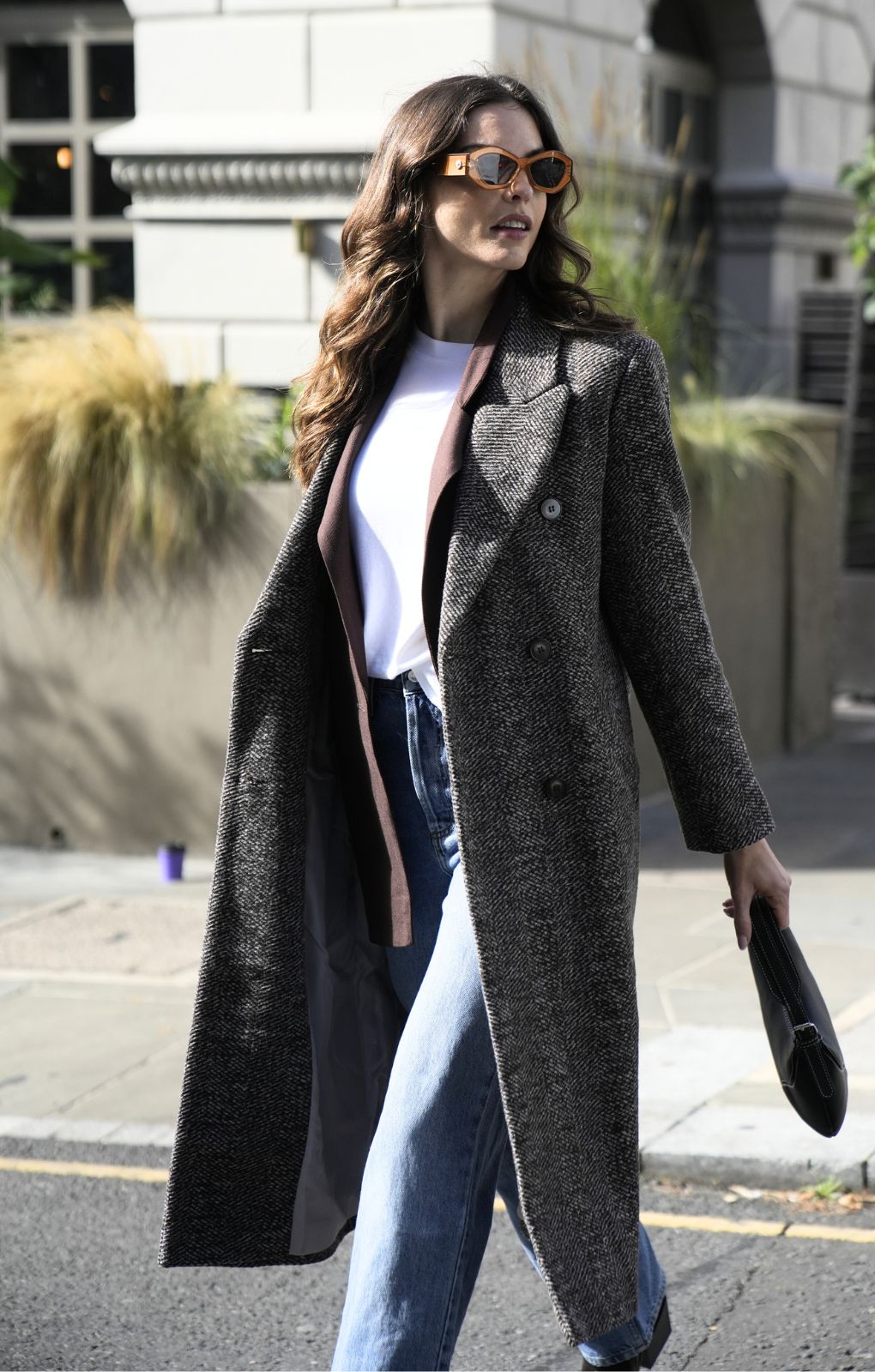 Topshop Herringbone Overcoat In Chocolate
