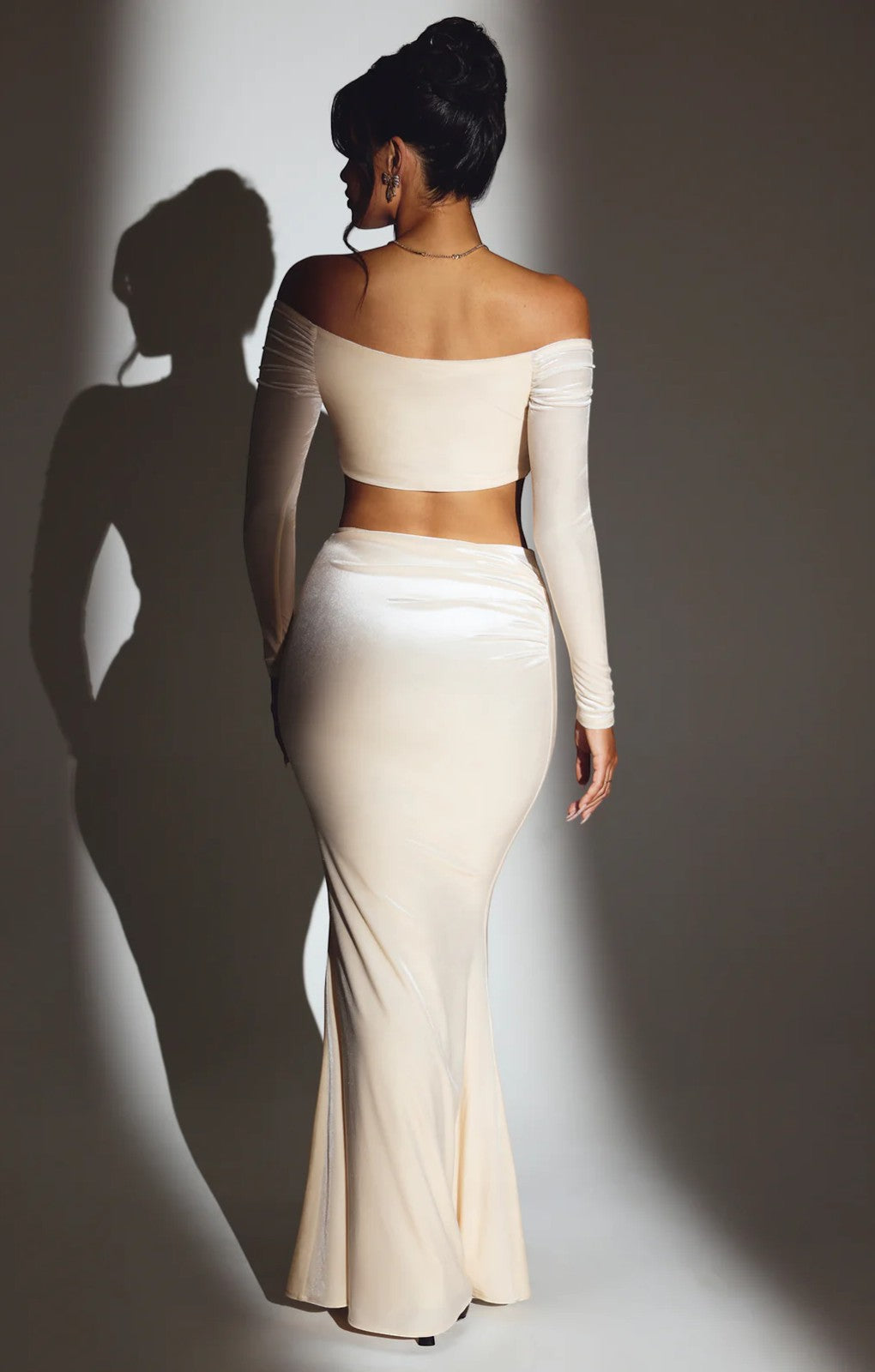 EXHIRE Oh Polly Velvet Off The Shoulder Ruched Crop Top in Ivory UK 10 – tops by Oh Polly, available to rent from Hirestreet