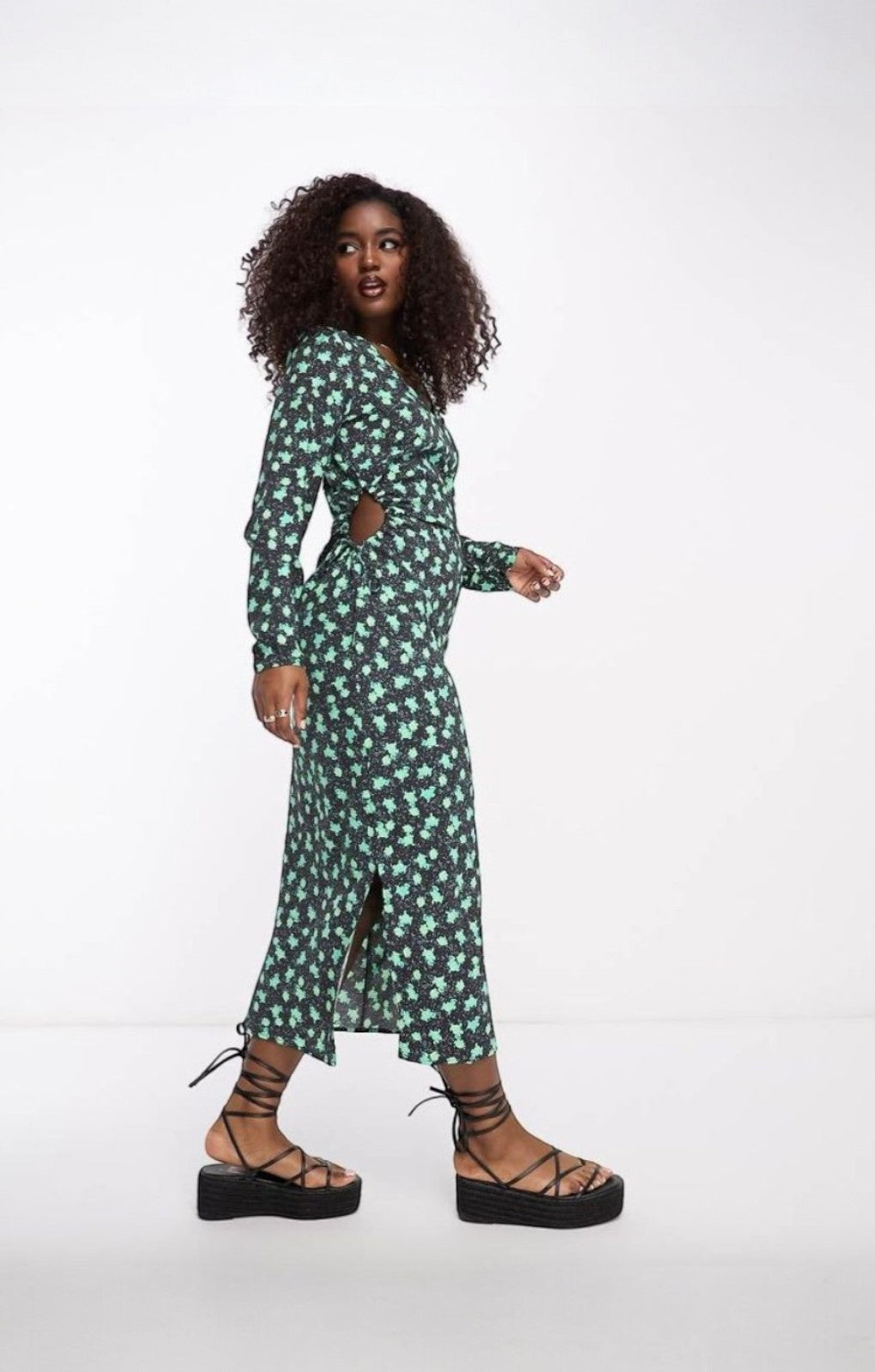 Vero Moda Floral Printed Midi Dress In Green And Black – dresses by Vero Moda, available to rent from Hirestreet