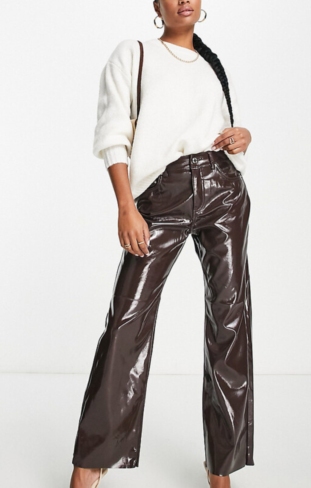 Vero Moda Petite Vinyl High Rise Straight Leg Trousers In Brown – trousers by Vero Moda Petite, available to rent from Hirestreet