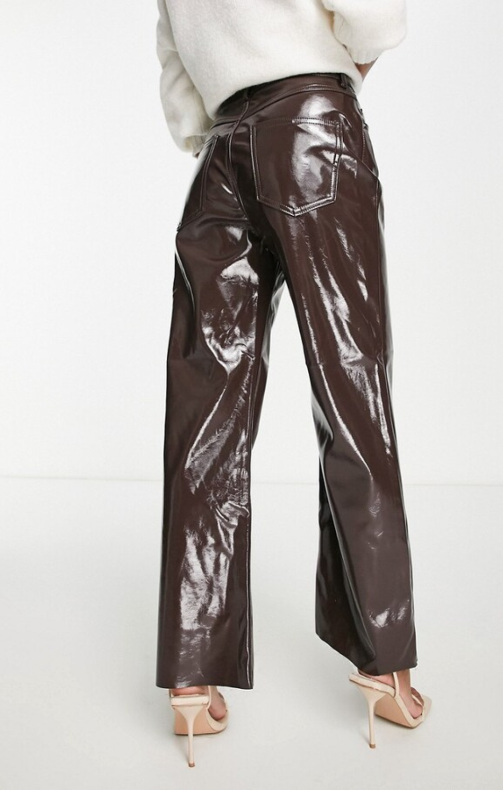 Vero Moda Petite Vinyl High Rise Straight Leg Trousers In Brown – trousers by Vero Moda Petite, available to rent from Hirestreet