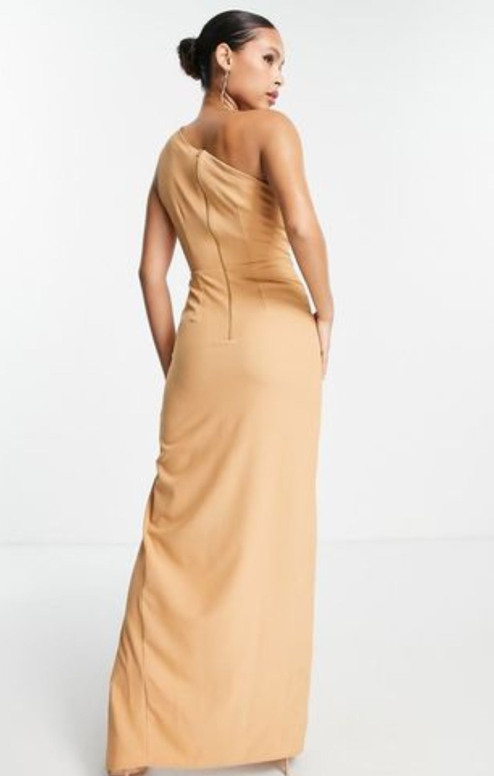 Vesper One Shoulder Slash Neck Maxi Dress In Tan – dresses by Vesper, available to rent from Hirestreet