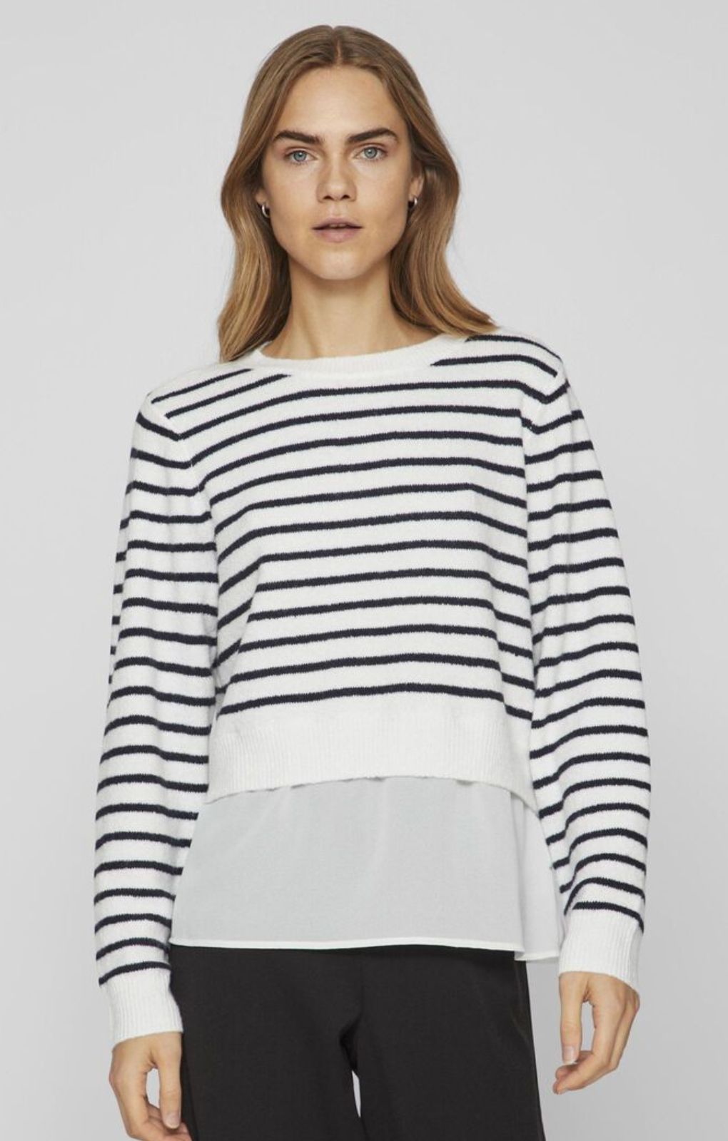 Vila Hybrid Stripe Top And Shirt Look In Navy And White – tops by Vila, available to rent from Hirestreet