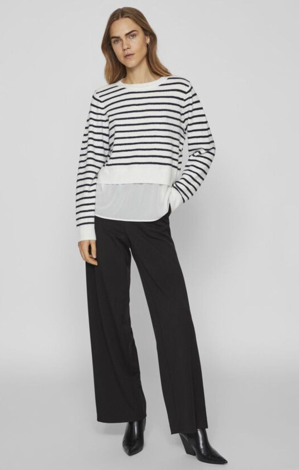 Vila Hybrid Stripe Top And Shirt Look In Navy And White – tops by Vila, available to rent from Hirestreet