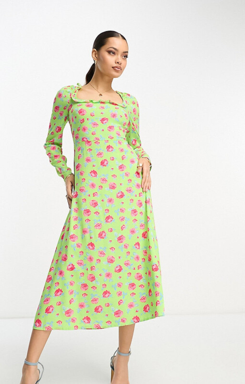 Vila Square Neck Midi Dress With Lace Up Back In Green Floral Print – dresses by Vila, available to rent from Hirestreet