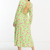 Vila Square Neck Midi Dress With Lace Up Back In Green Floral Print – dresses by Vila, available to rent from Hirestreet