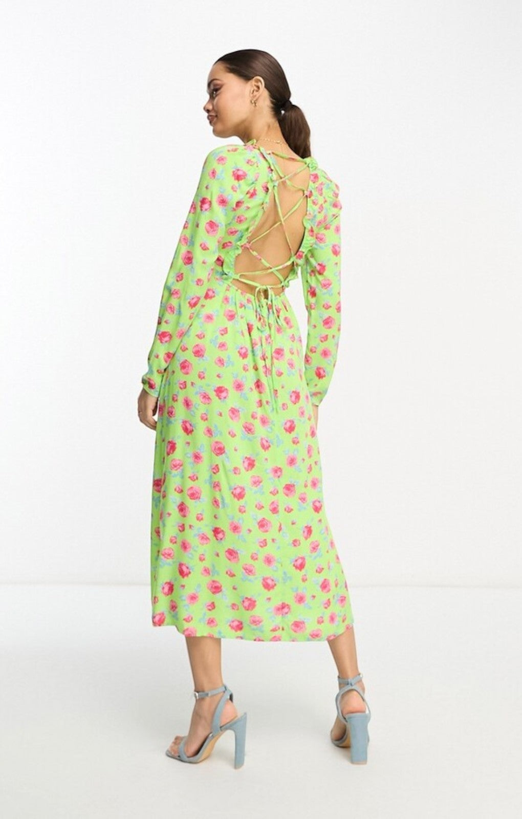 Vila Square Neck Midi Dress With Lace Up Back In Green Floral Print – dresses by Vila, available to rent from Hirestreet